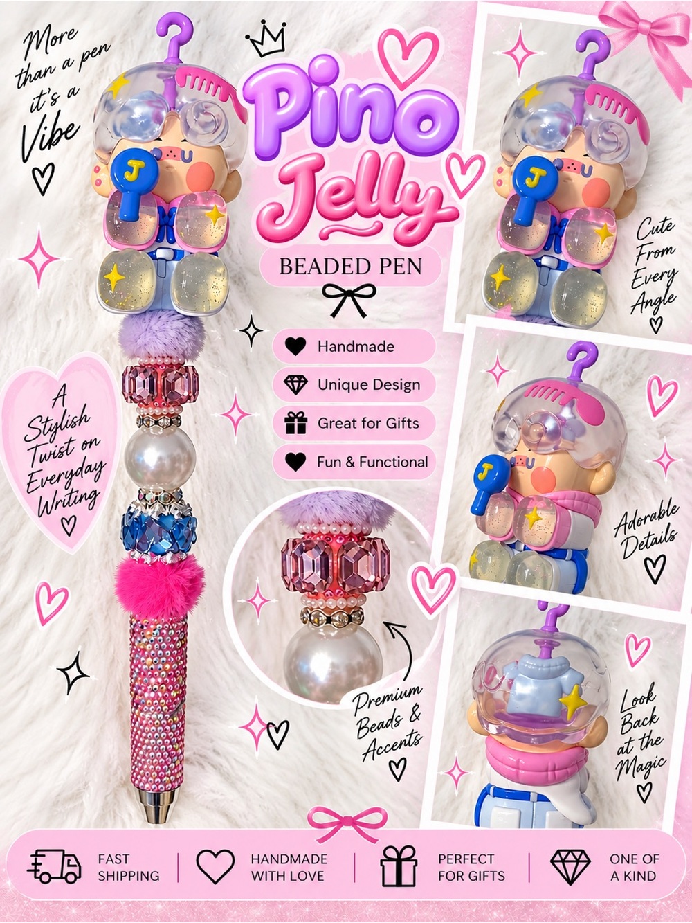Pino Jelly AUTHENTIC FIGURE Beaded Kids Pen — Pink & Purple
